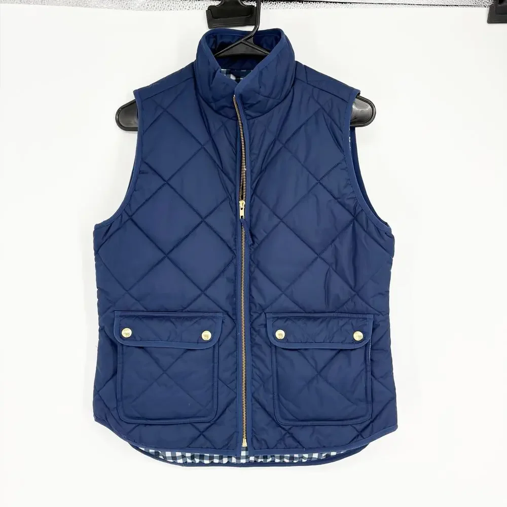 J. Crew Factory Blue Gingham Lined Quilted Vest Sz S Preppy Outdoors‎ Gorpcore
